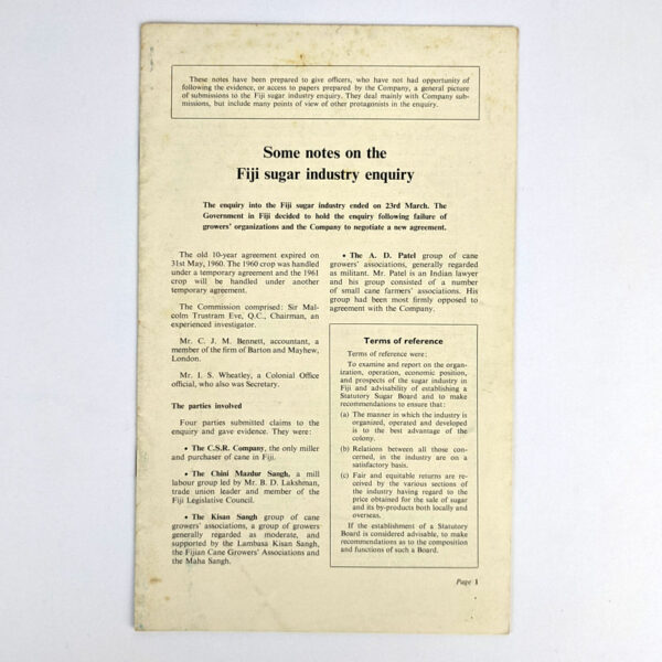 Some Notes on the Fiji Sugar Industry Enquiry