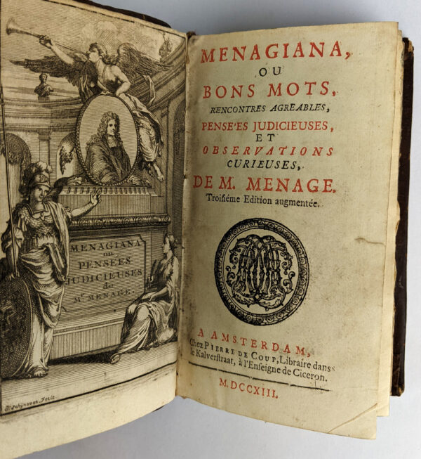 Menagiana, ou Bon Mots, Rencontres Agreables, Pensees Judicieuses, et Observations Curieuses, (Tome I & II) - Image 2