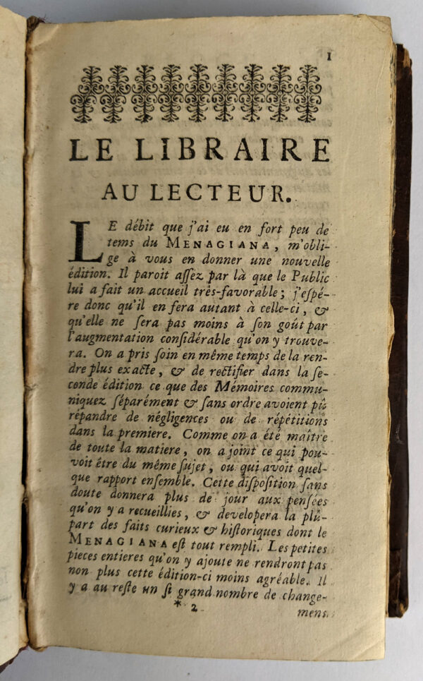 Menagiana, ou Bon Mots, Rencontres Agreables, Pensees Judicieuses, et Observations Curieuses, (Tome I & II) - Image 3