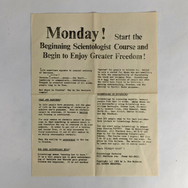 Monday! Start the Beginning Scientologist Course and Begin to Enjoy Greater Freedom!