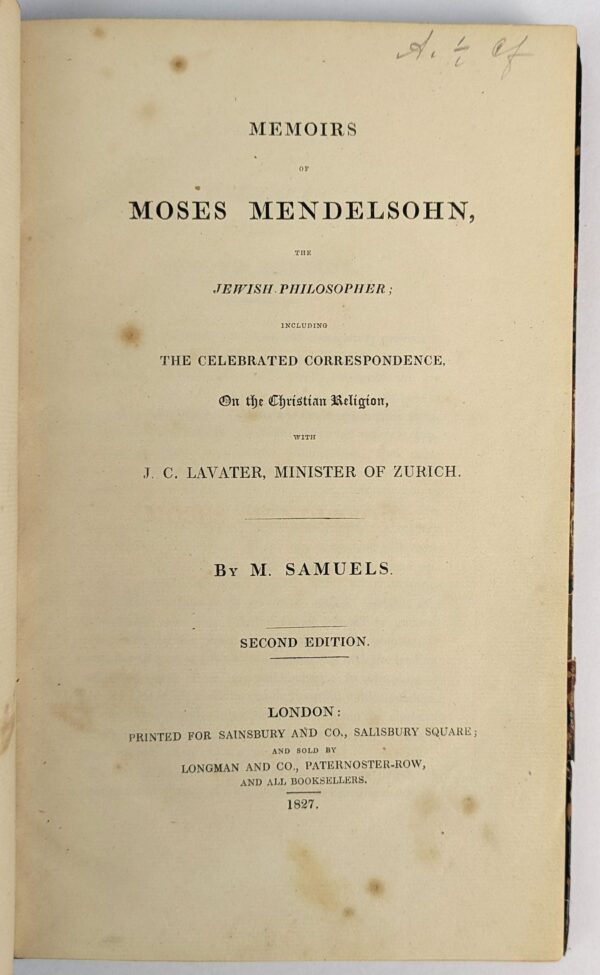 Memoirs of Moses Mendelsohn, the Jewish Philosopher; including the Celebrated Correspondence, On the Christian Religion, with J. C. Lavater, Minister of Zurich - Image 2
