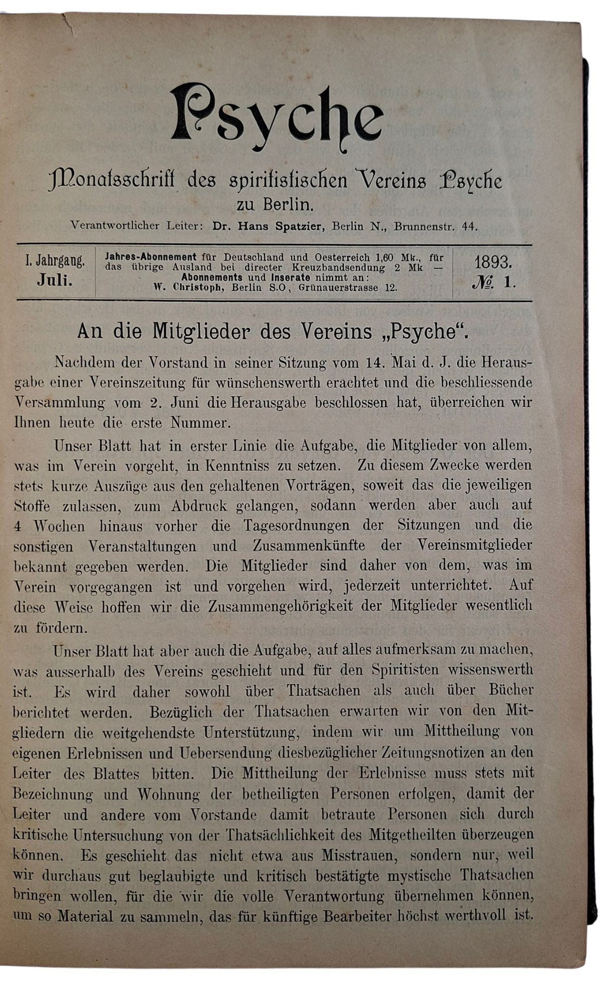 Psyche. Spiritistische Monatsschrift. Organ der spiritistische Loge "Psyche zur Wahrheit" zu Berlin. (1893-1898) - Image 2