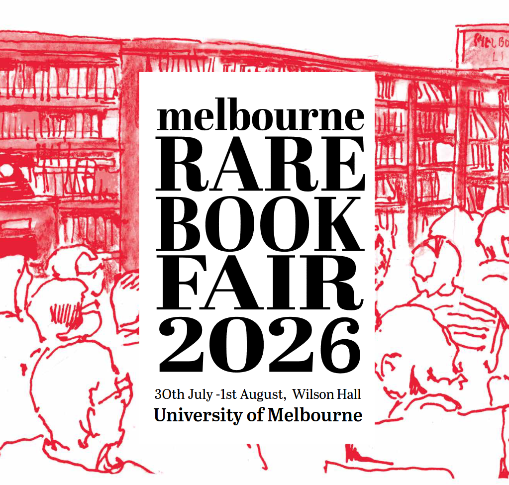 Drawing of people sitting in front of books with the text Melbourne Rare Book Fair 2026